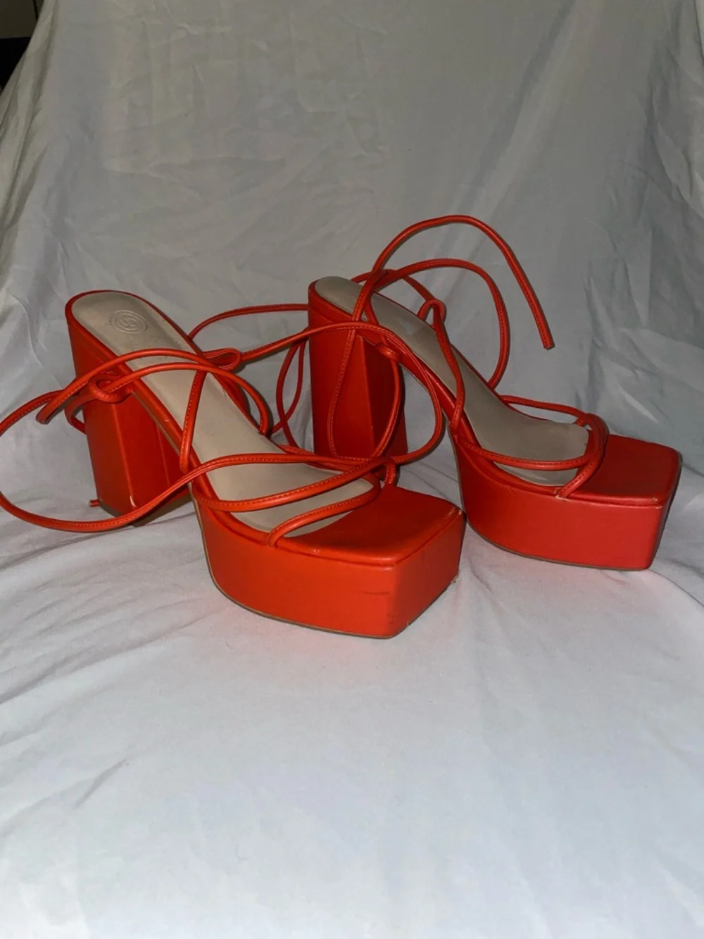Bold Orange Lace-Up Platform Block Heels